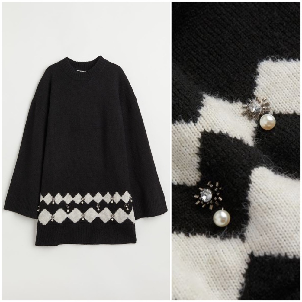 H&M Black Sweater Dress with White Argyle and Embellished Pearls